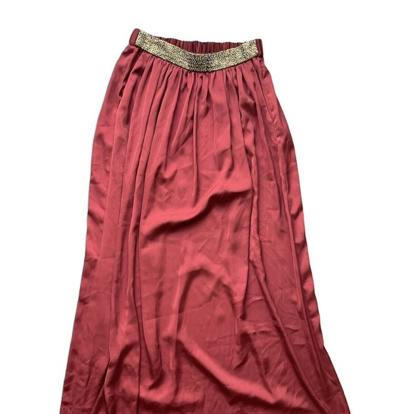 ZARA Womens Burgundy Red Satin Maxi Skirt Small Beaded Waist Pull-on - Picture 2 of 3